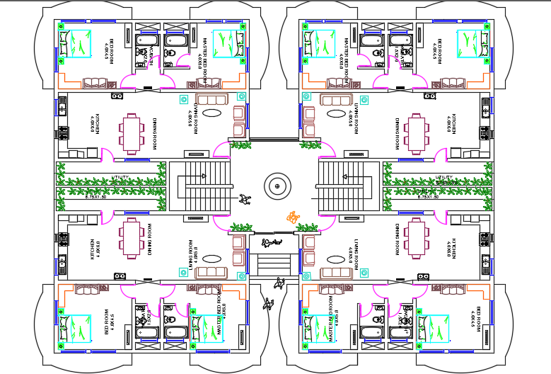 The sanitary cad block view of the 27x20m second floor apartment plan