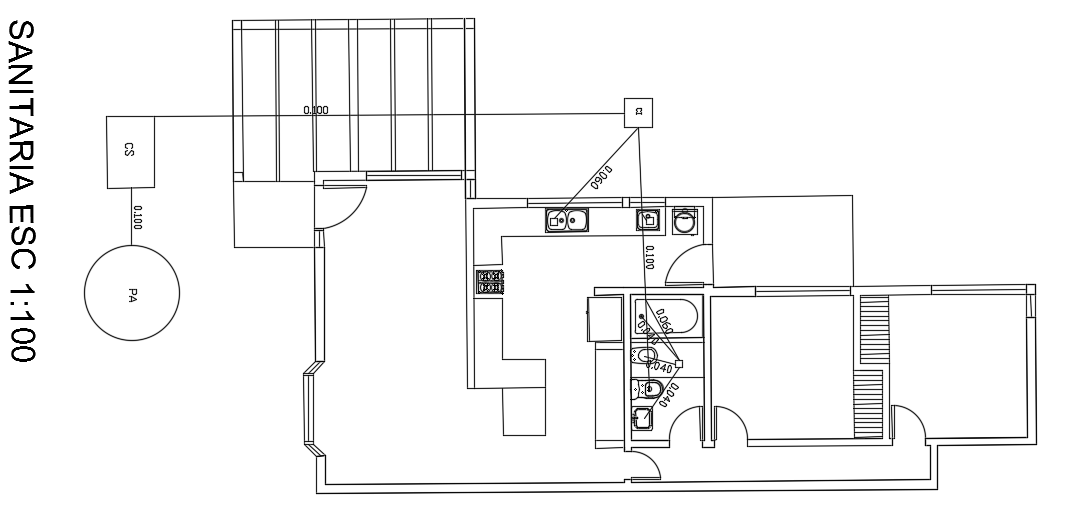 The sanitary layout of the 10x30m 2bhk house plan