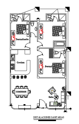 The sanitary line layout of the 8x13m 3bhk house plan drawing
