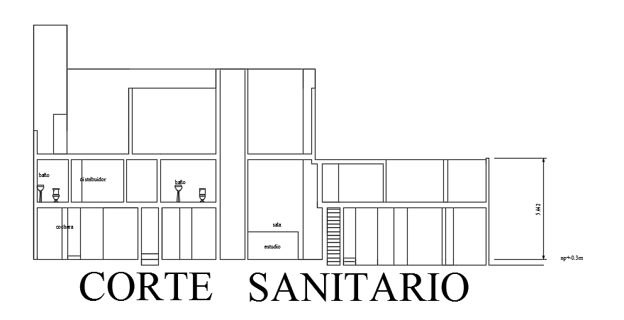 The sanitary location section view of the 24x19m house building