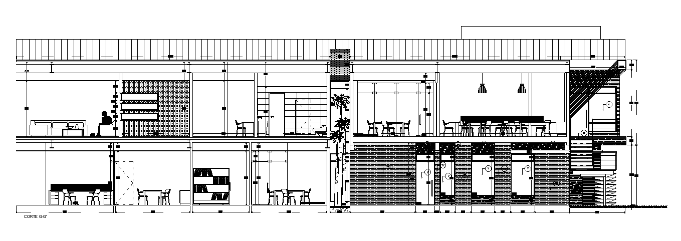 The section GG view of the 51x53m training center institute building drawing