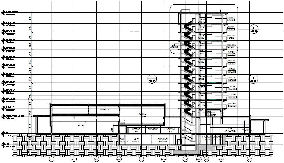 The section details of the Stilt +10 of the hotel building is shown in this AutoCAD DWG File. Download the AutoCAD DWG file now.