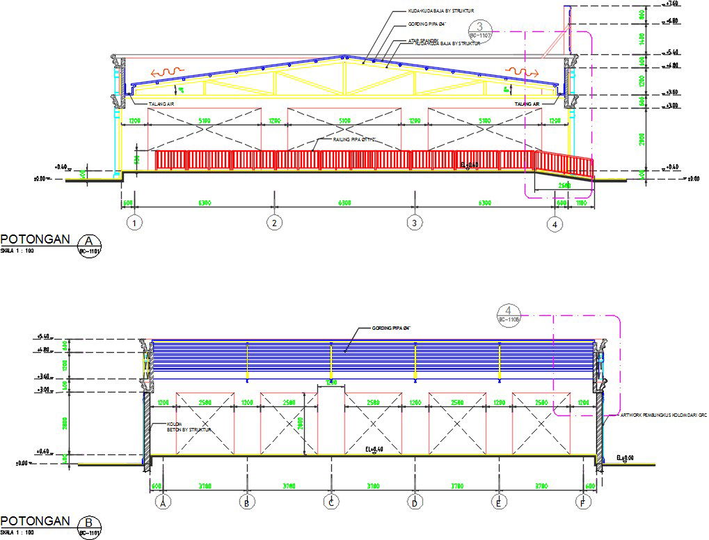 The section view of the 42x40m theme park bumper car building AutoCAD drawing