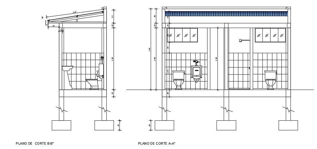 The section view of the 5400x2000mm toilet building AutoCAD drawing