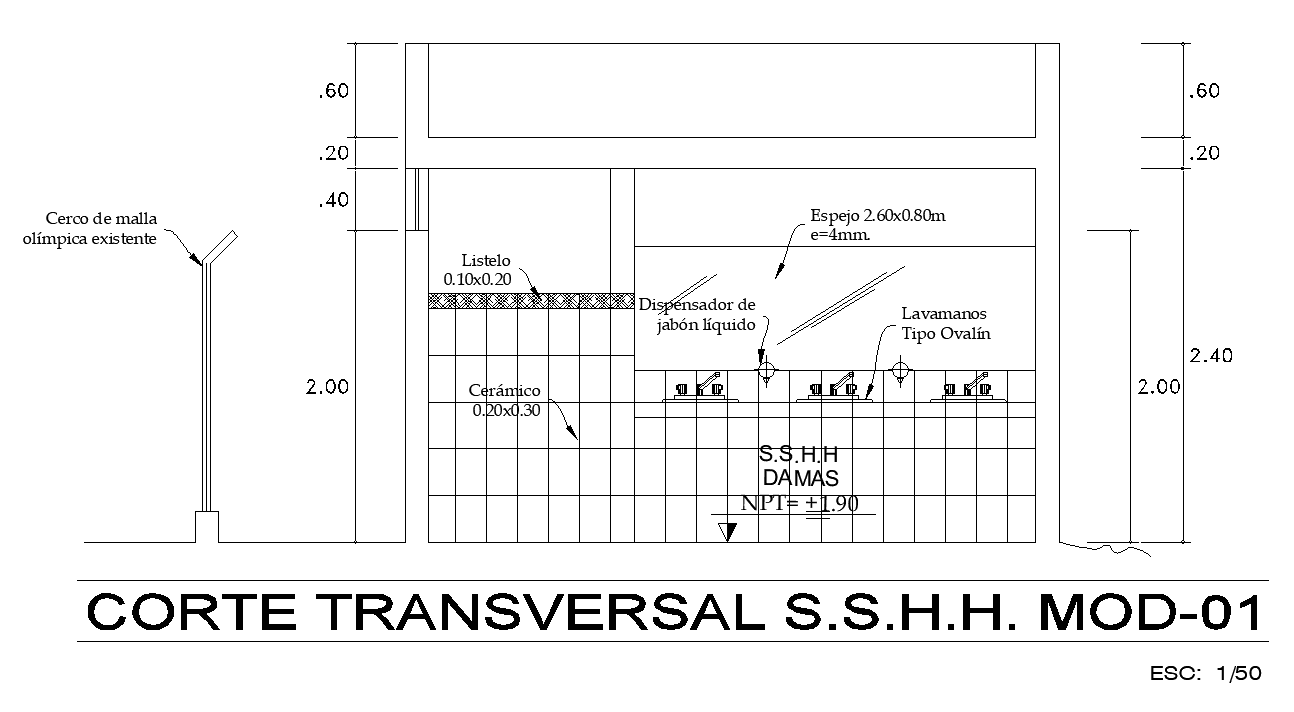AutoCAD File Section View of 98x10m Swimming Pool Dressing Room