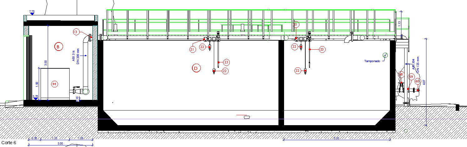 The section view of the water treatment plant with buffered