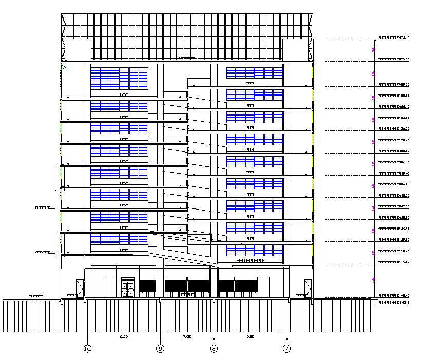 The side elevation of the G+10 office Building details is given in this 2D AutoCAD Drawing File.Download the AutoCAD file .