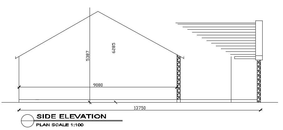 The side elevation view of the 20x14m house building AutoCAD drawing