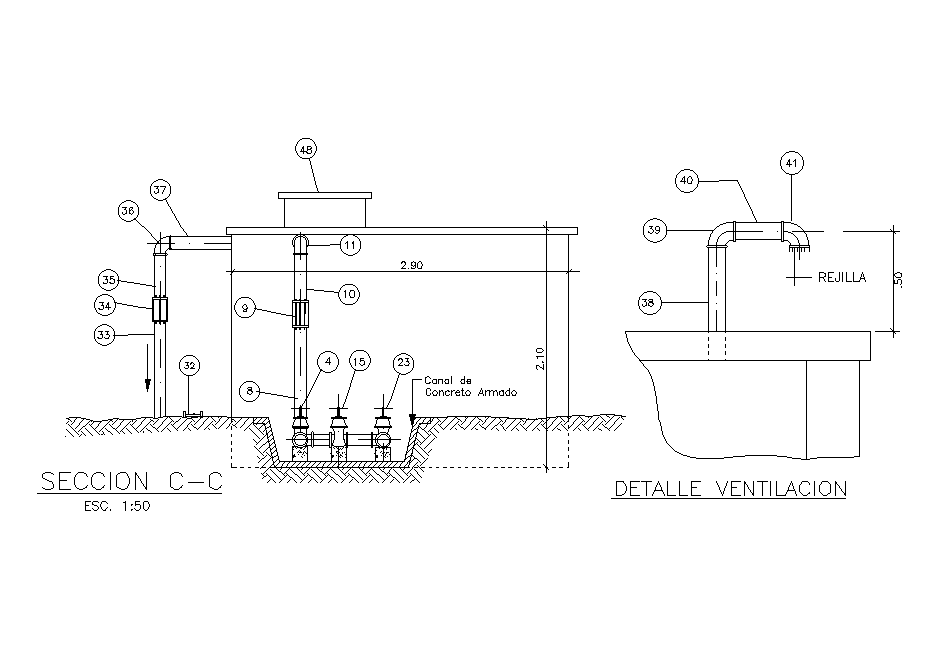 The side section of the Tank detail specified in this AutoCAD drawing file. Download this 2d AutoCAD drawing file.