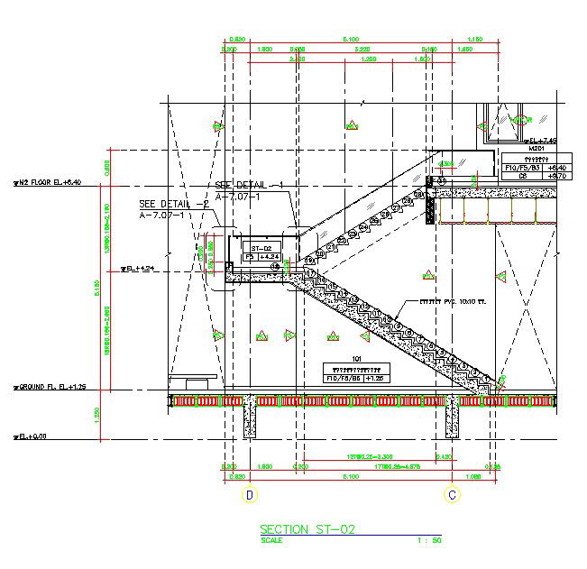 The side views of the staircase sectional details with handrails and reinforcement concrete are given in this 2D CAD DWG Drawing File. Download the free AutoCAD file now.