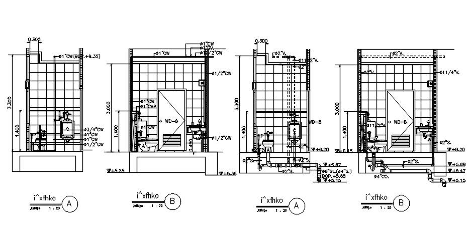 The single toilet, tile marking, and plumbing details are given in this AutoCAD DWG drawing.Download the AutoCAD 2D DWG file.