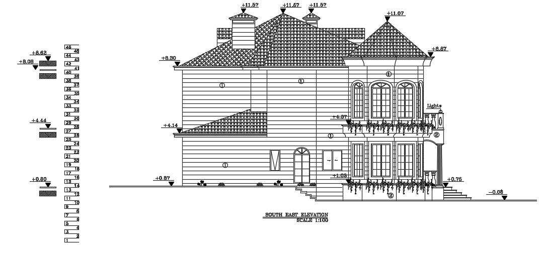 The southeast elevation view of the 18x17m house building