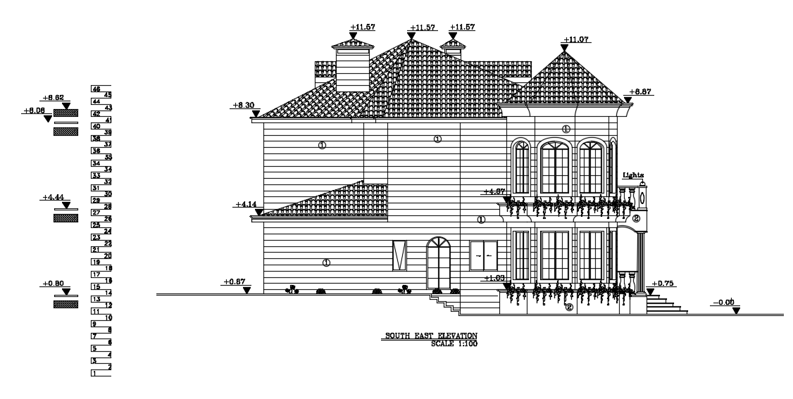 The south east side elevation view of the 18x16m house building