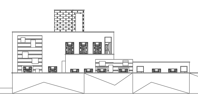 South Mid Side Elevation of 74x55m Multifamily Villa CAD Drawing