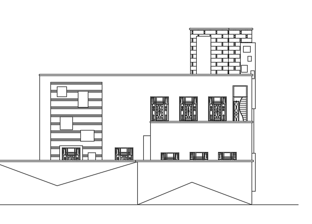 The south right side elevation view of the 74x55m multifamily villa building