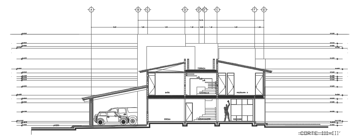 The south side center cut section view of the 10x12m house building