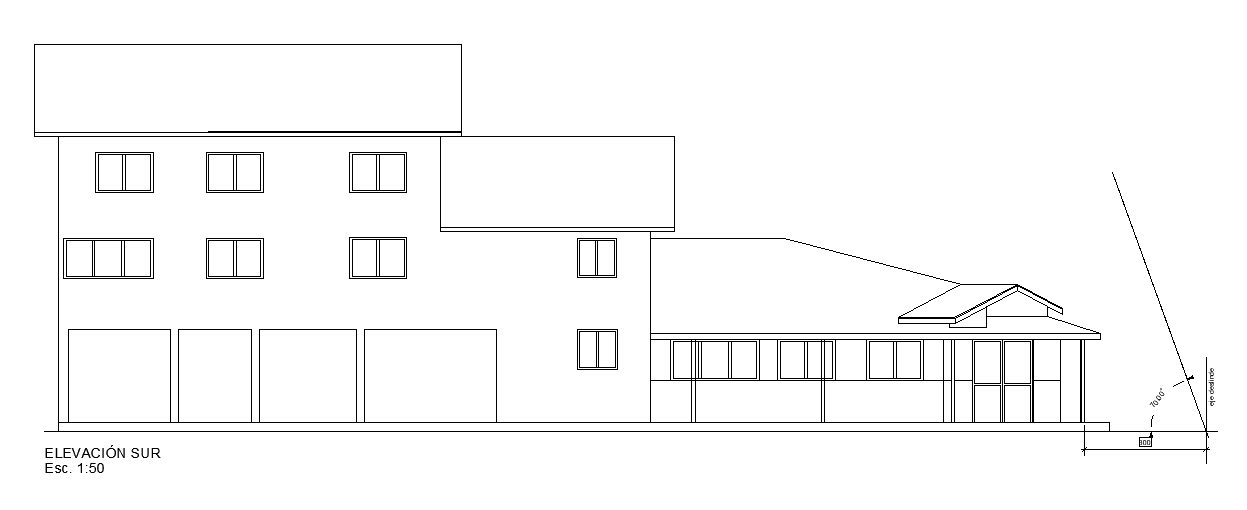 The south side elevation view of the 11x12m house building is given in this AutoCAD drawing file. Download now.