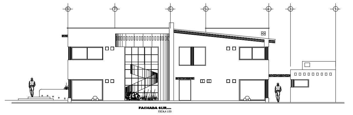 The south side elevation view of the 11x22m villa building AutoCAD 2D drawing