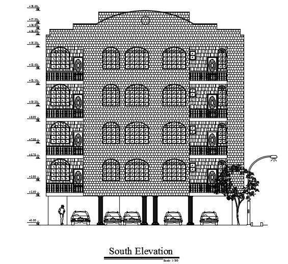 The south side elevation view of the 14x18m architecture apartment building cad drawing
