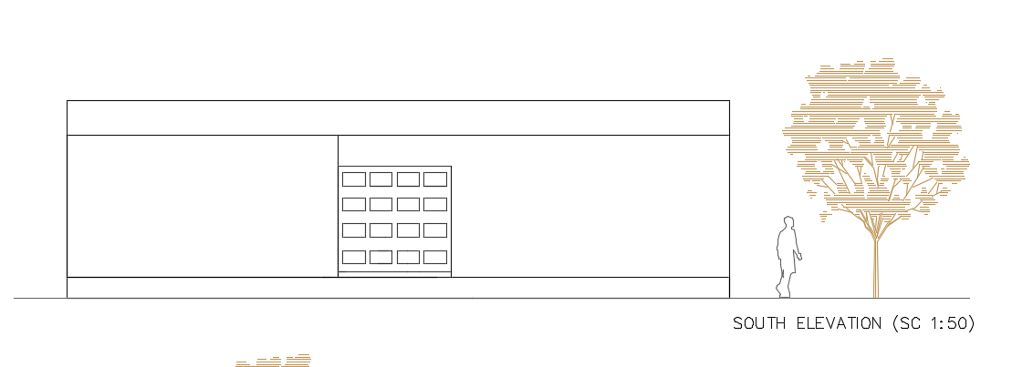 The south side elevation view of the 14x8m 1bhk house building AutoCAD drawing