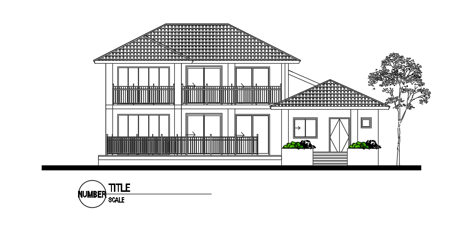 The south side elevation view of the 15x13m house building AutoCAD drawing