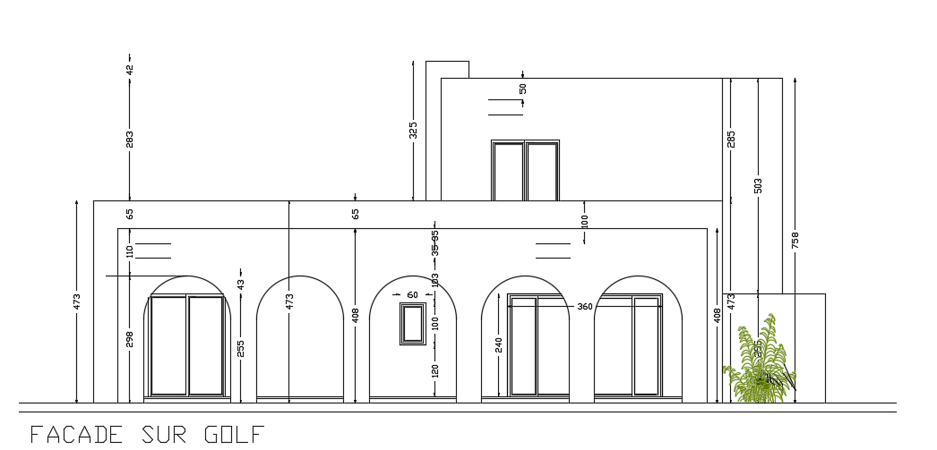 The south side elevation view of the 16x15m bungalow house building