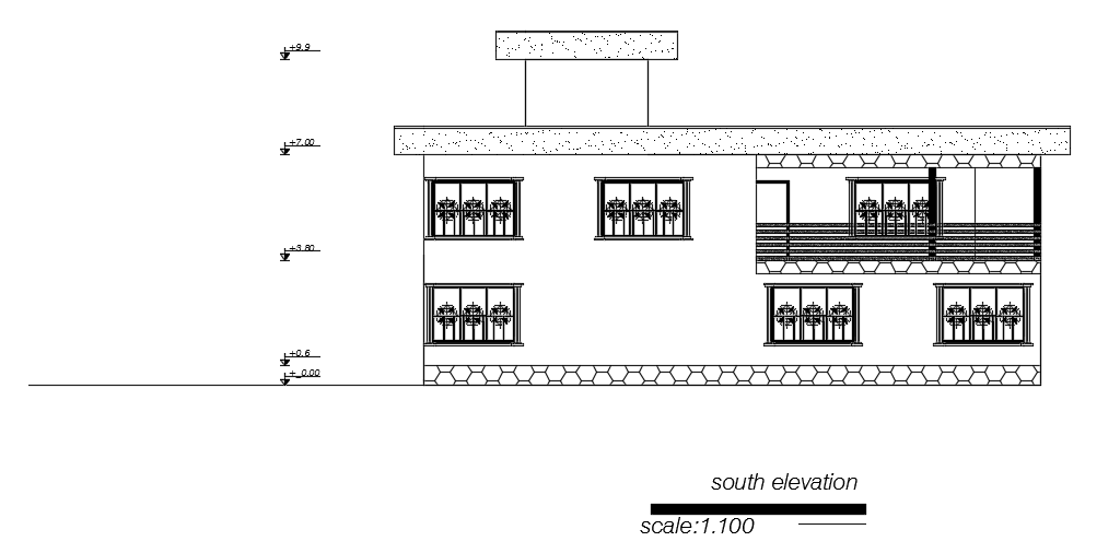 The south side elevation view of the 18x19m architecture 5bhk duplex house building