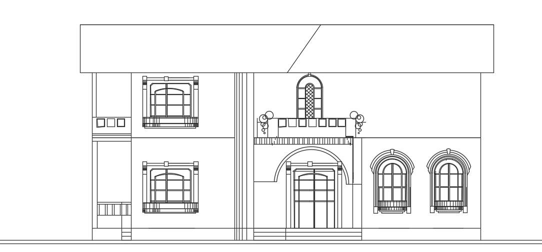 The south side elevation view of the 20x17m bungalow house building AutoCAD drawing