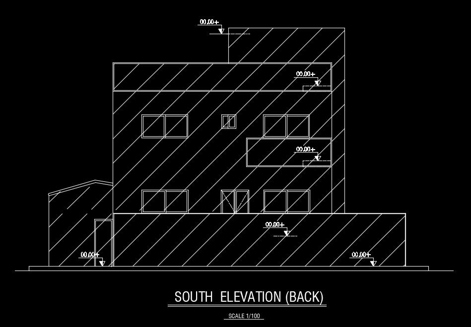 The south side elevation view of the 22x10m house building 