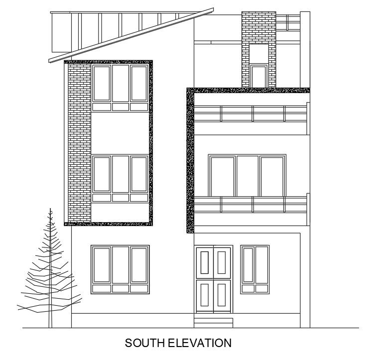 The south side elevation view of the 24’x38’ house building is given in this AutoCAD drawing model. Download now.