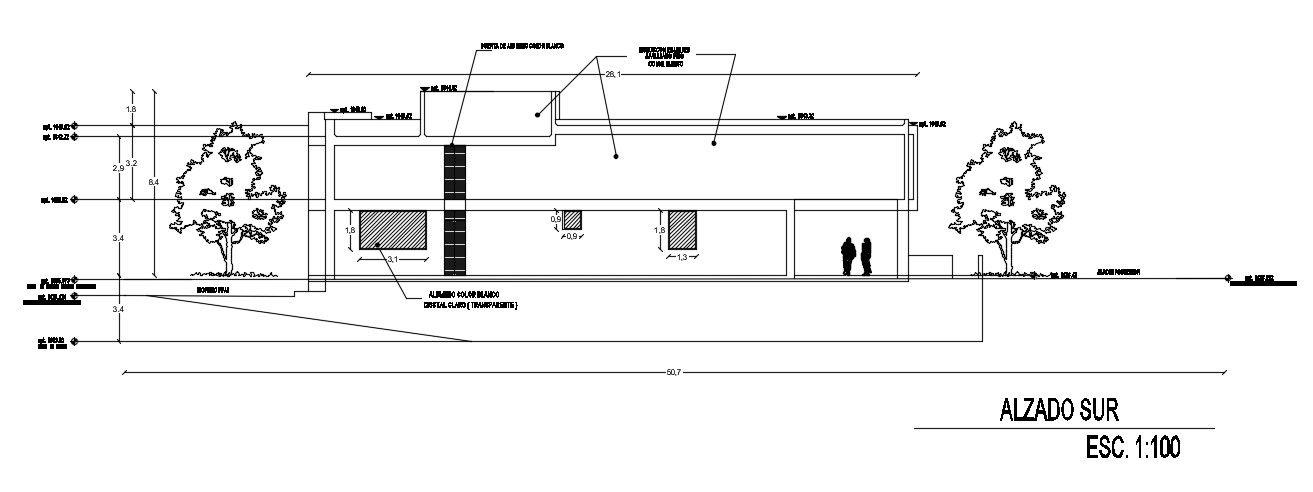 The south side elevation view of the 26x50m house building is given in this AutoCAD drawing model. Download now.