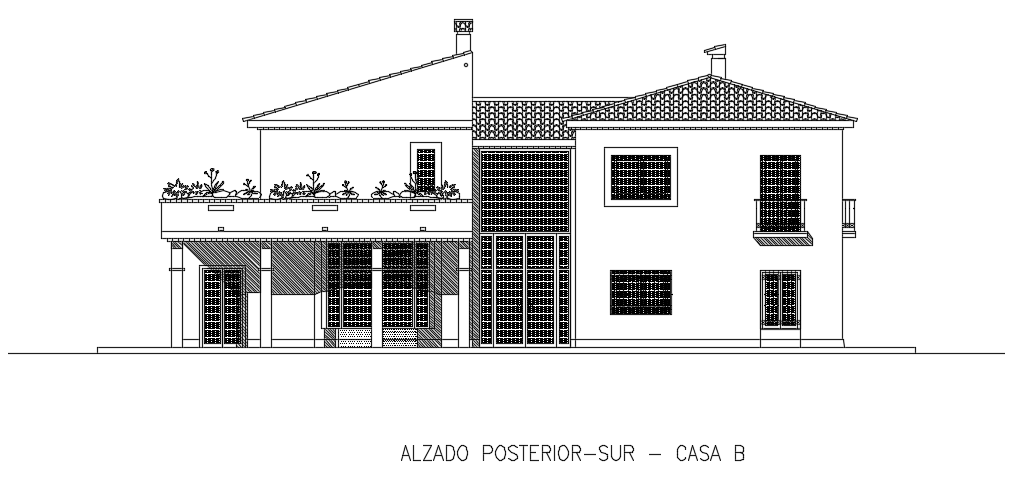 The south side elevation view of the 5bhk house building AutoCAD 2D drawing