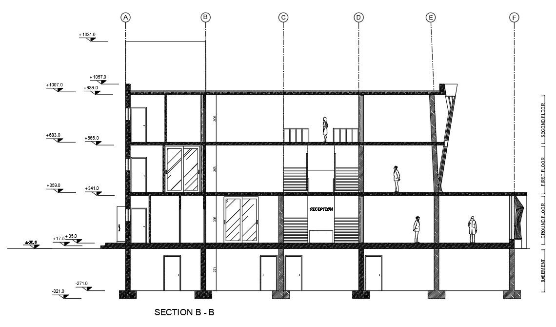 The south side section view of the 25x20m commercial shop building is given in this AutoCAD drawing model. Download now.