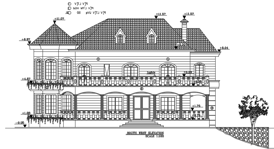 The southwest elevation view of the 18x17m house building