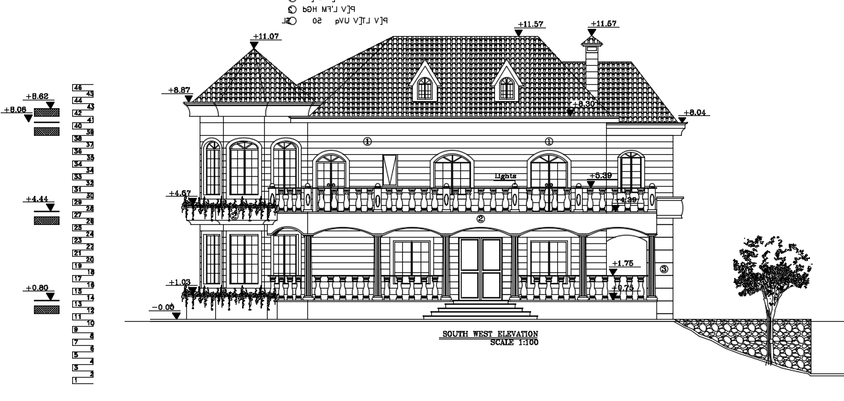 The south west side luxury villa building elevation view