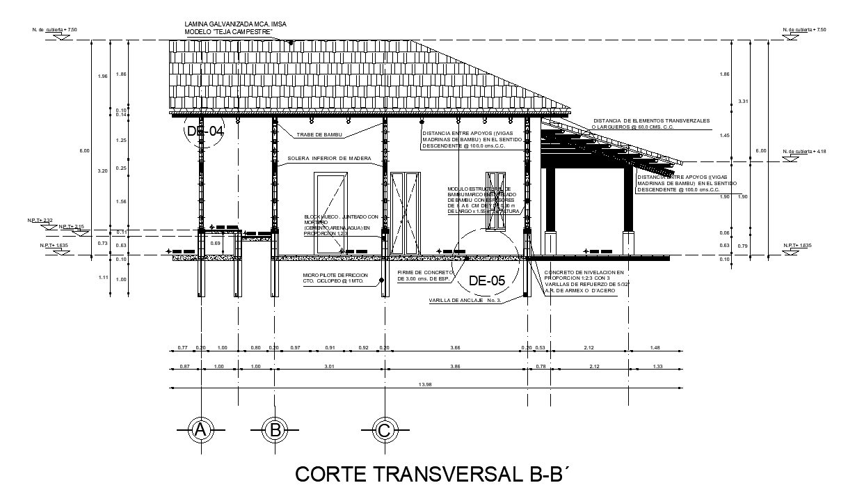 The transverse section view of the house building CAD model
