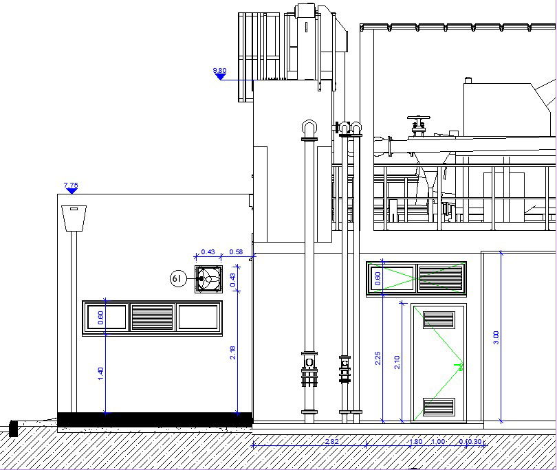 The transverse section view of the waste water treatment industrial building