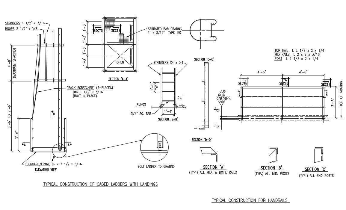 The typical construction details of the caged ladders with landings and handrails are given. Download the AutoCAD DWG file.