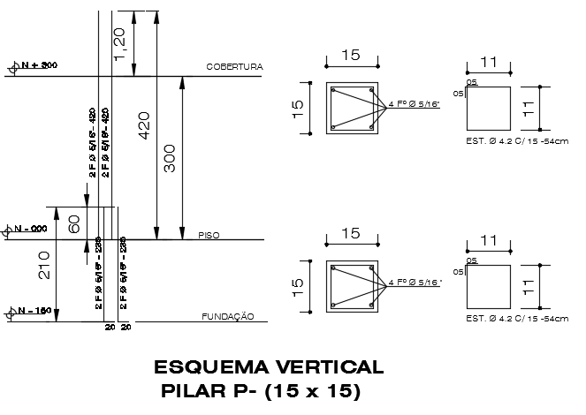 The vertical pillar section and cross section CAD drawing
