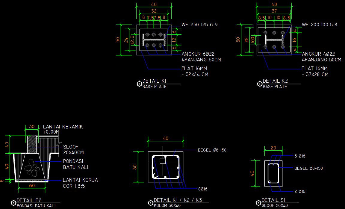 The warehouse building column cross section detail drawing