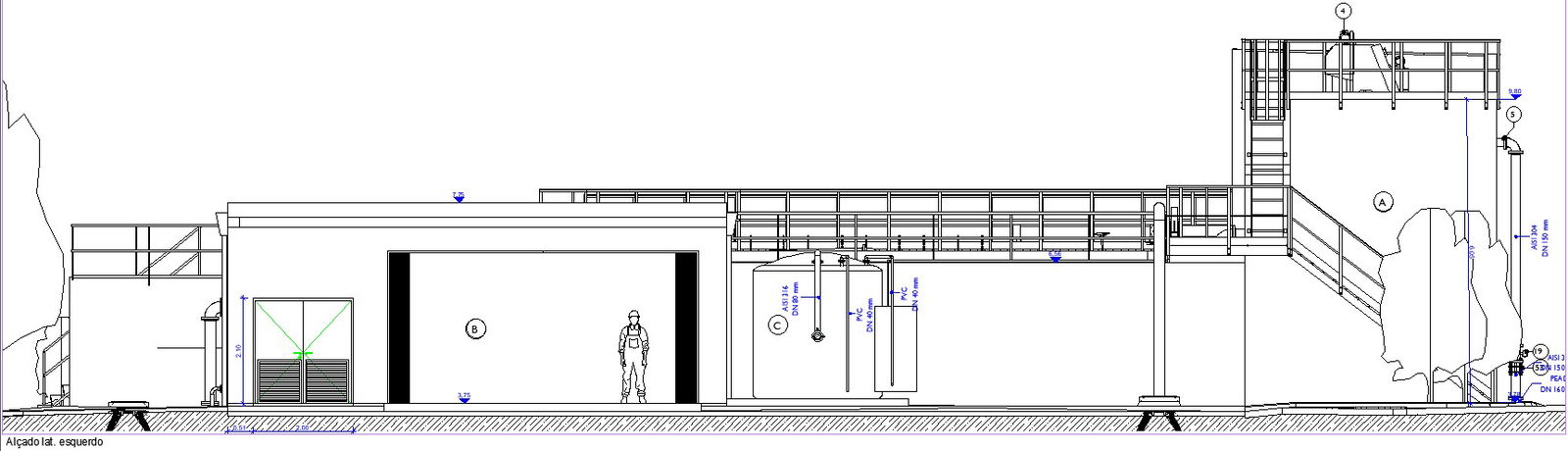The waste water treatment industrial building pipe line section view