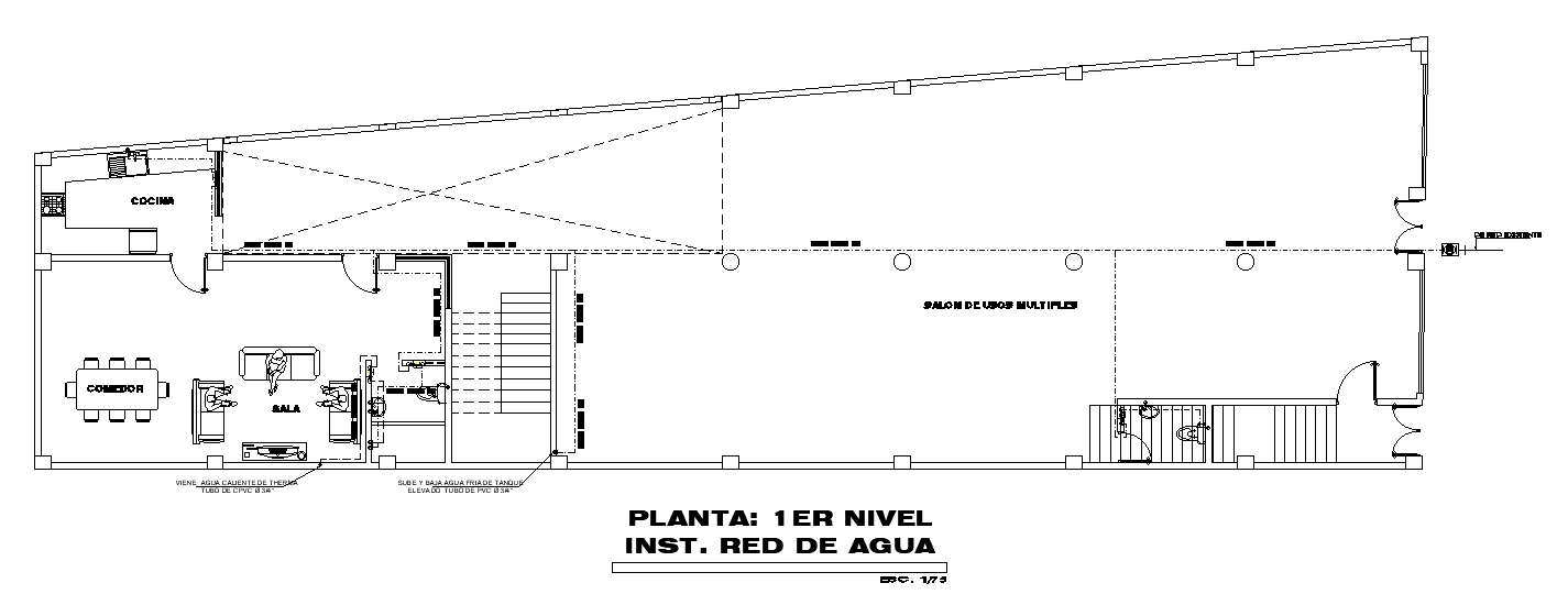 The water line layout of the 34x10m first floor house plan is given in this AutoCAD drawing model. Download now.