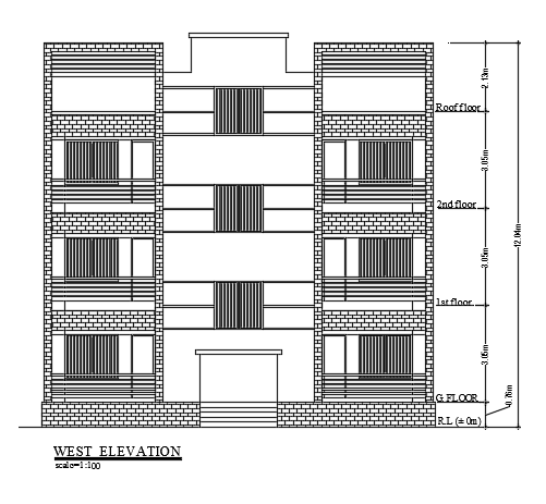 West Elevation of 13x12m House in CAD for Detailed Architectural Plan