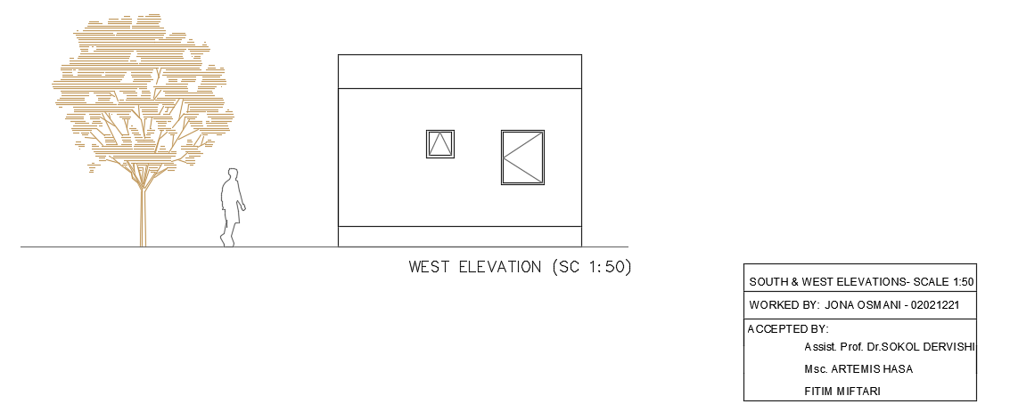 The west side elevation view of the 14x8m 1bhk house building AutoCAD drawing