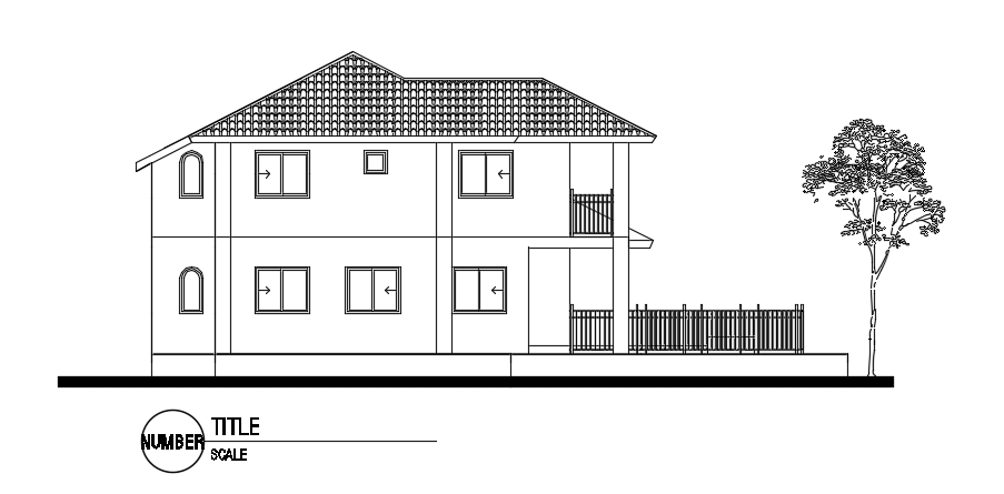 The west side elevation view of the 15x13m house building AutoCAD drawing