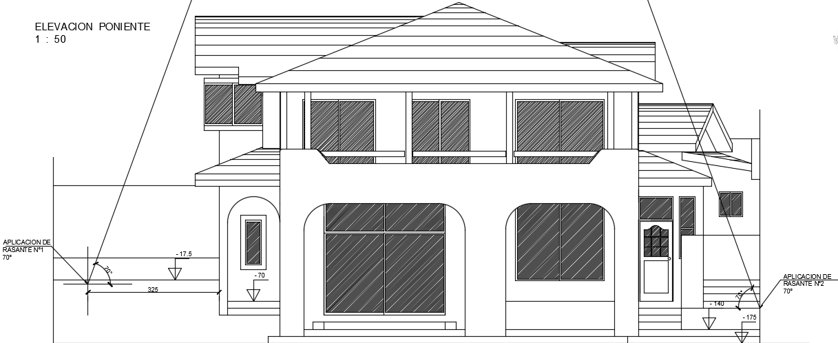 The west side elevation view of the 16x46m villa building AutoCAD drawing