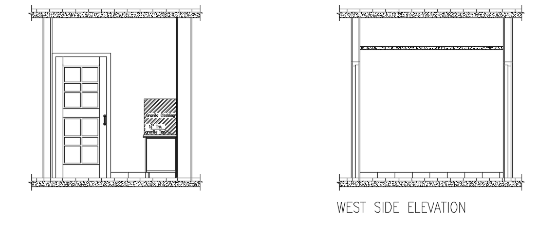 The west side elevation view of the 2200x2500mm kitchen building cad drawing
