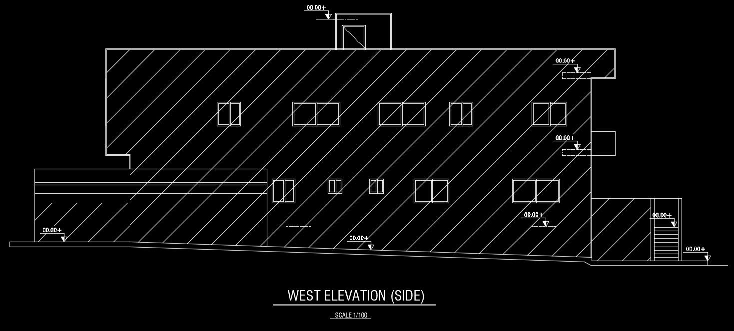The west side elevation view of the 22x10m house building