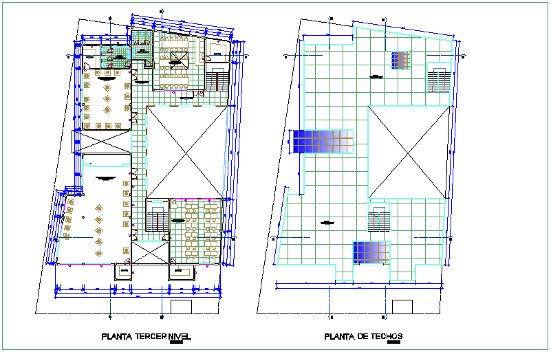 Third and ceiling floor plan of community center dwg file