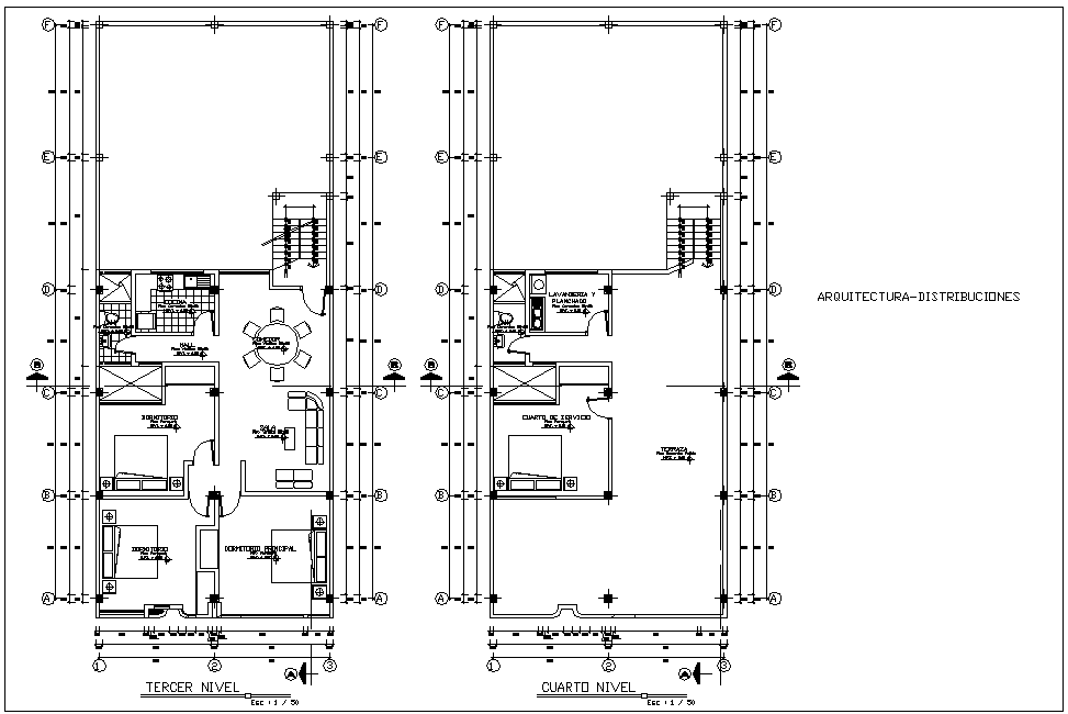 Third and fourth floor plan of four level house with architecture view dwg file